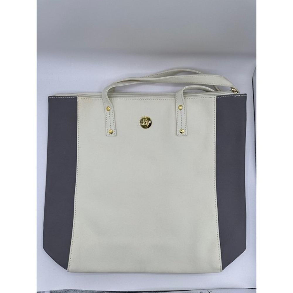 Joy Mangano Genuine Leather Colorblock Tote Shoulder Bag Ivory Gray Gold Large